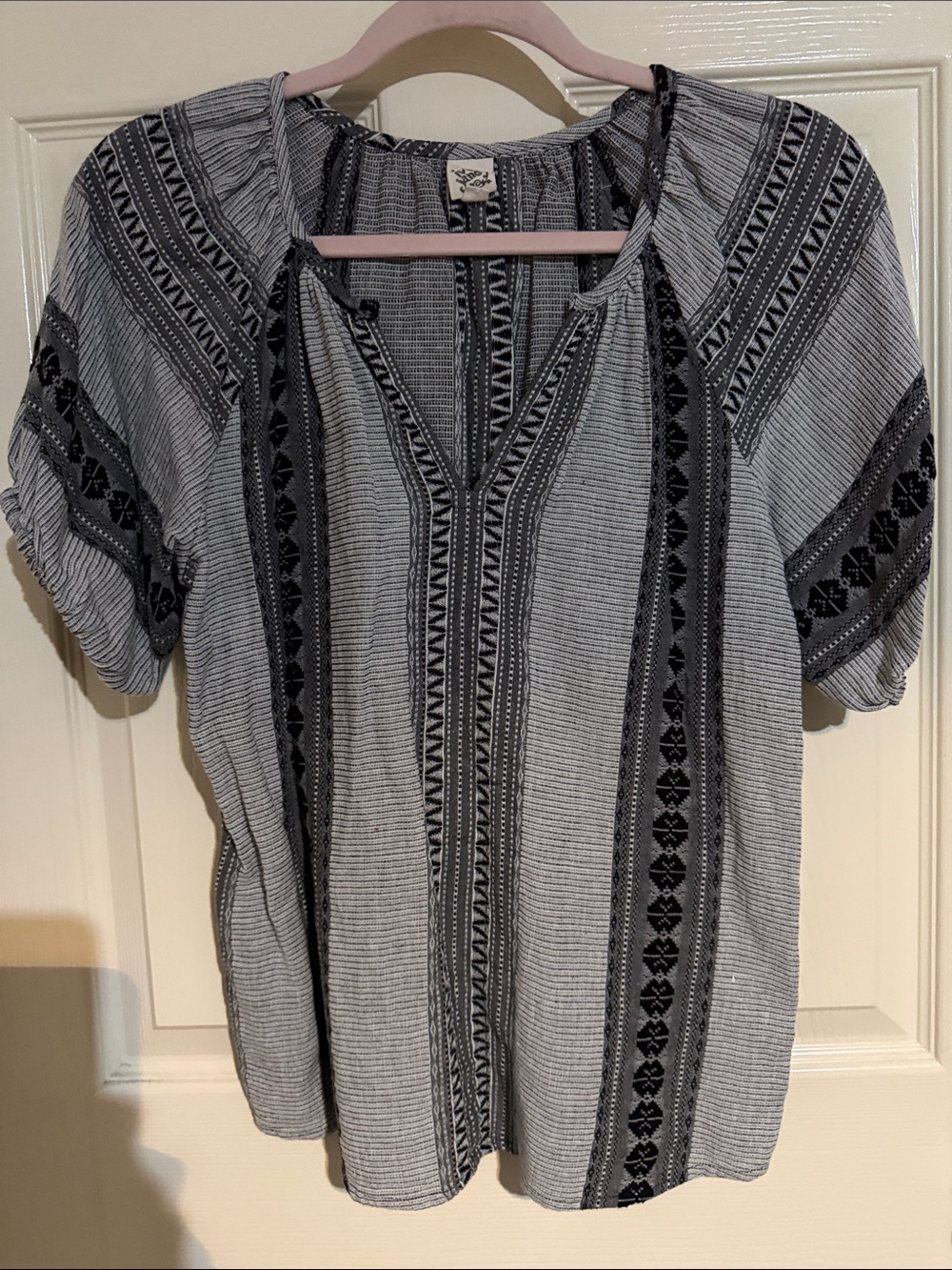 ivy jane Gray and Black Striped Embroidered Peasant Blouse